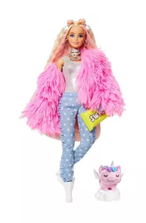 Barbie Extra doll # 3 in pink coat with pet unicorn-pig Mattel GRN28