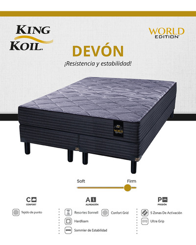 King Koil Colchon Y Sommier Devon Queen Size 150x190x26 Resortes Bonnell Firme Gris Oscuro
