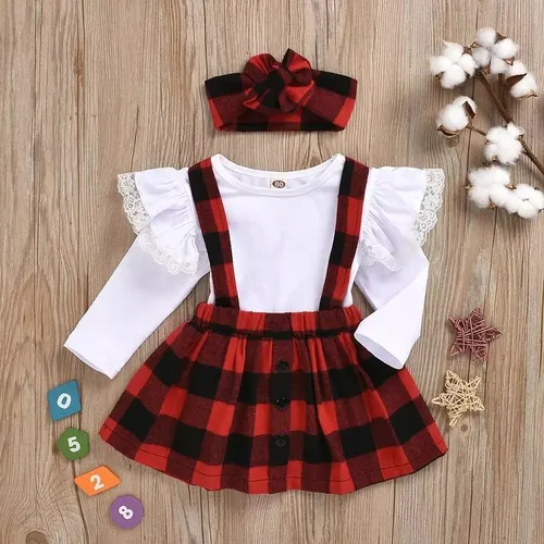 Vestido Cuadrill Rojo Con Blusa Blanca Ni a