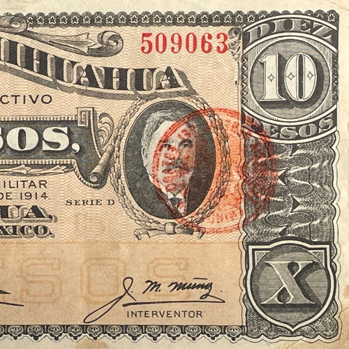 Billete 10 Pesos Banco De Chihuahua, Serie D 1914 (Usado)
