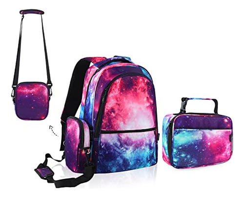 Mochilas Escolares Niñas Set Almuerzo Galaxy Púrpura