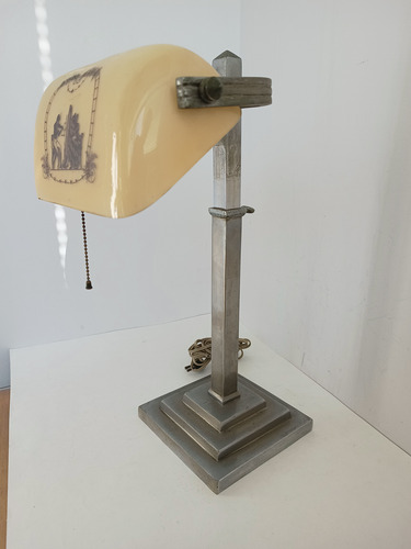 Antigua Lámpara De Mesa Escritorio Banquero 48cm Plateado Metálico Beige (Usado)