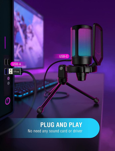 Microfone Condensador Gamer Led Usb Com Pop Filter E Tripé !