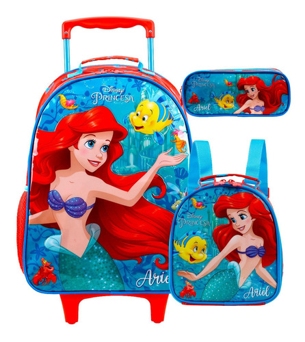 Conjunto Sereia Ariel - Mochila + Lancheira + Estojo