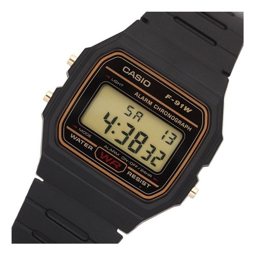 Reloj de pulsera Casio Collection F-91 de cuerpo color negro, digital, fondo dorado, con correa de resina color negro, dial negro, minutero/segundero negro, bisel color dorado y hebilla simple