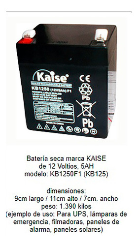 Batería Seca Recargable 12voltios 5 Ah Kaise Kb1250f1