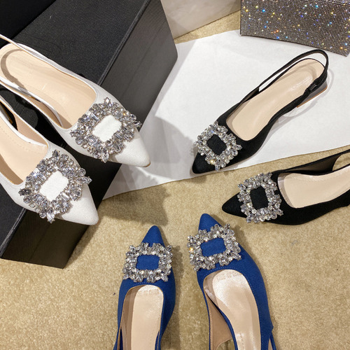 Verano Nuevo Estilo Diamantes De Imitación Hebilla Cuadrada Punta Puntiaguda Tacones Altos