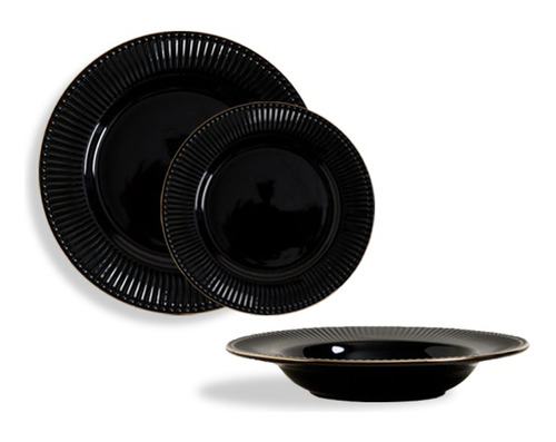 Set X3 Plato Playo+plato Hondo+plato Postre Porcelana Negro