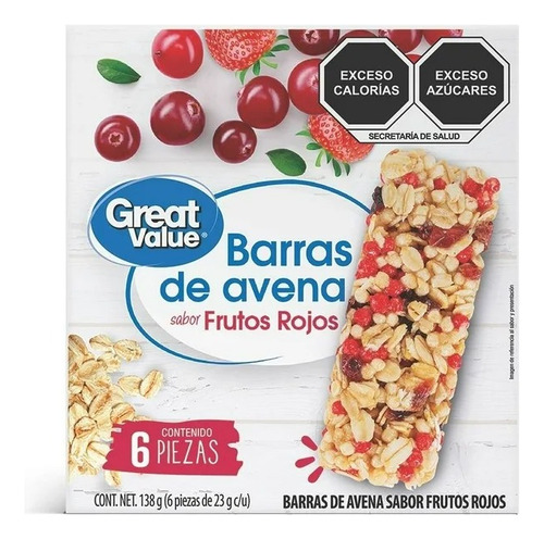 2 Pza Barras De Avena Great Value Sabor Frutos Rojos 6 Pzas
