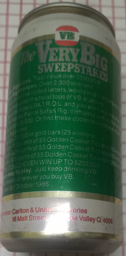 Lata Cerveza Victoria Very Big Vacia Australia Very Big Sweepstakes 1986 (Usado)