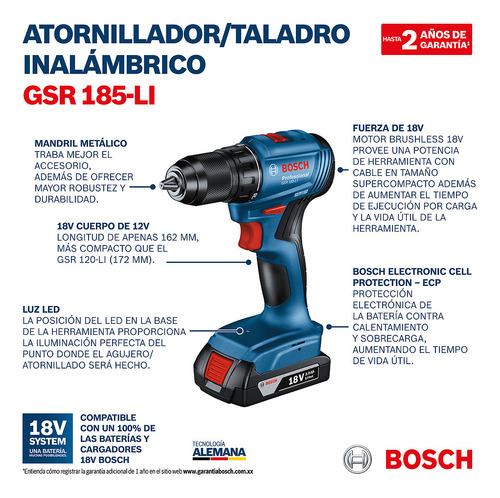 Taladro Ator Inalambrico Bosch Gsr 185-li 18v 2 Baterías