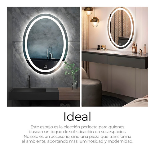 Espejo Para Baño/tocador De Lujo Con Luz Led Táctil Elegante Ovalado Translúcido 50 X 70 Cm