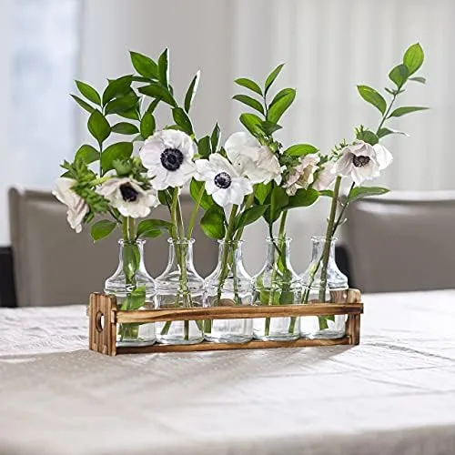 Florero De Vidrio Con Soporte De Madera Y 5 Floreros Para Fl