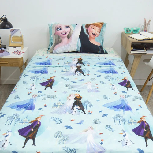 Kit Acolchado + Juego De Sabanas Frozen Piñata 1 1/2 Plaza Azul Claro Frozen