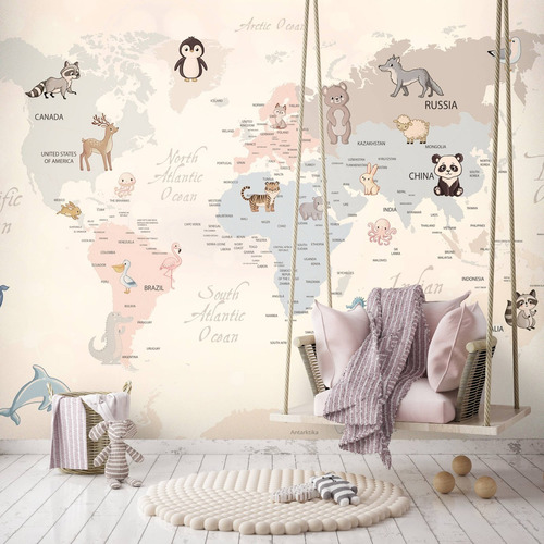 Papel Tapiz Europeo Wallpaper Mapamundi Y Animalitos Niños