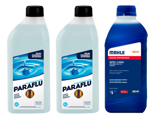 Kit 3 Litros Com 1l Liquido Arrefecimento Azul + 2l Água