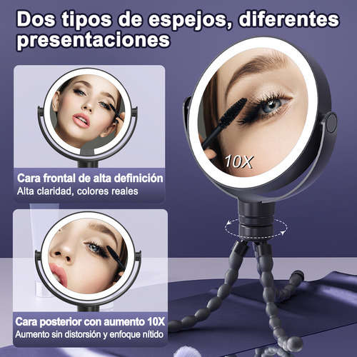 Espejo Para Maquillaje Con Soporte, Espejo Aumento 1x/10x Con Touch Led 3 Modos De Iluminación Espejo Cosmético Espejo Cosmético Con 360° De Rotación Doble Cara Recargable