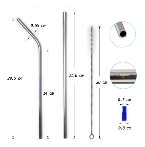 Lagnie Set 8 Popotes Metálicos Reusables Acero Inoxidable Pajillas Plateados Combinado Rectos Curvos 21.6 Ó 26.7 Cm Full