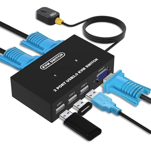 Conmutador Kvm Usb Vga Para 2 Pc Compartiendo 1 Monitor De V