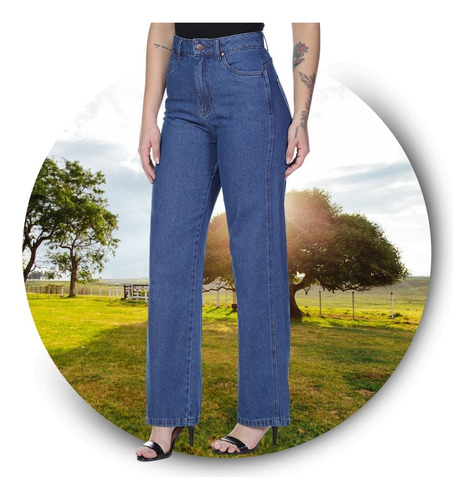 Calça Jeans Resistente Azul Lançamento Cós Alto Wide Leg