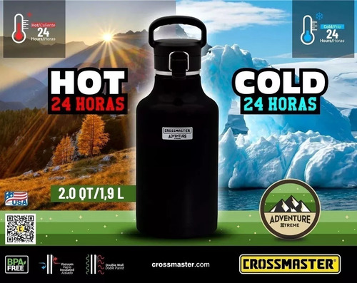 Imagen 4 de 4 de Termo Growler Cerveza Crossmaster 24 Hs Frio 1,9l Inox. Color Negro