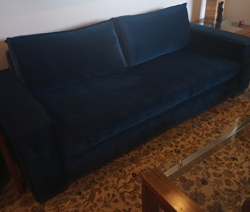 Sofa De Terciopelo Azul 3/4 Plazas Como Nuevo