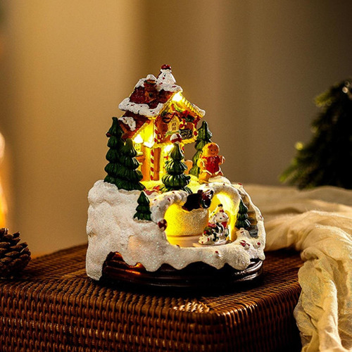 Figuras Navideñas Con Escena De Casa De Pueblo Iluminada