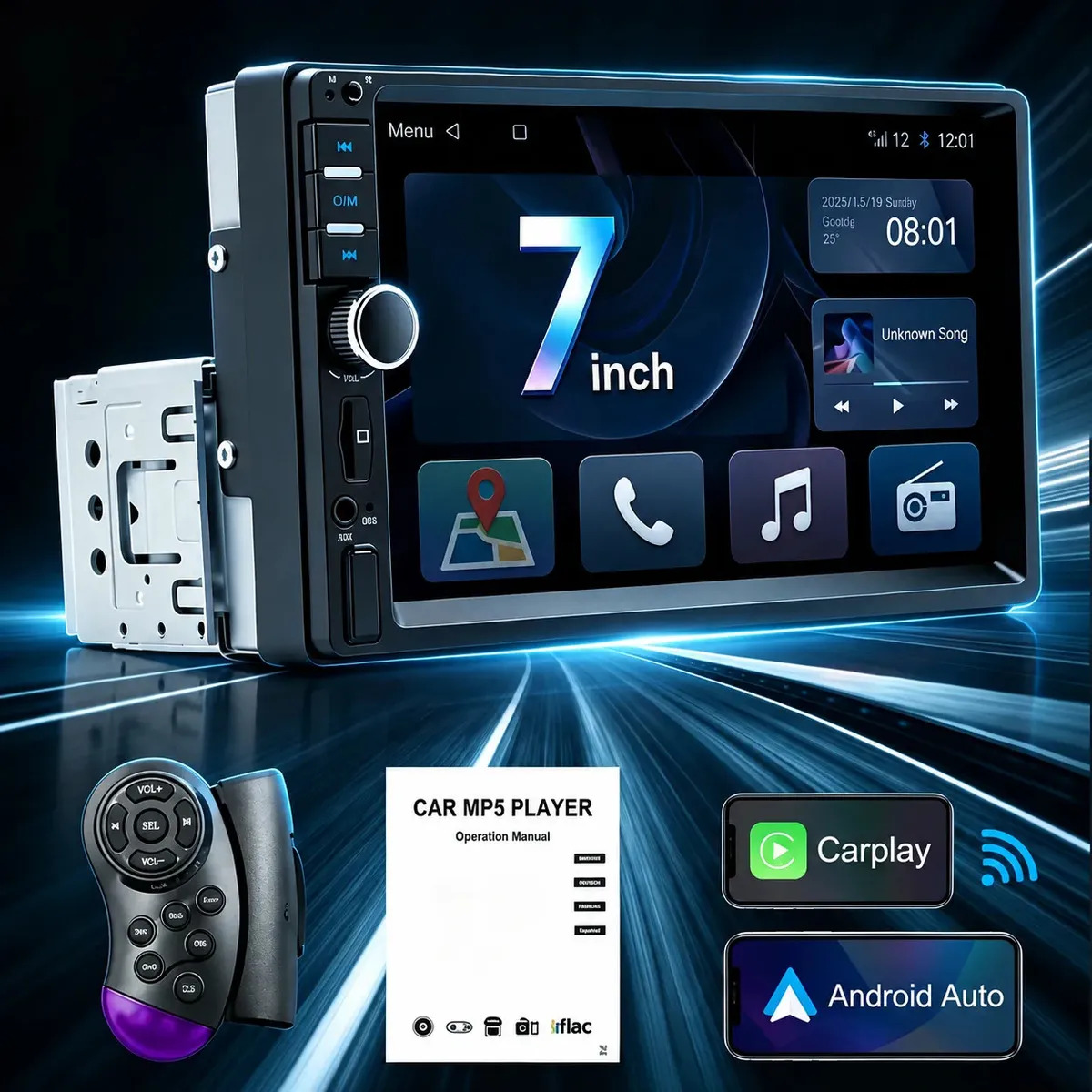 Multimídia Automotiva 1 DIN TeqOhnr com Tela de 7" Touch e Android Auto