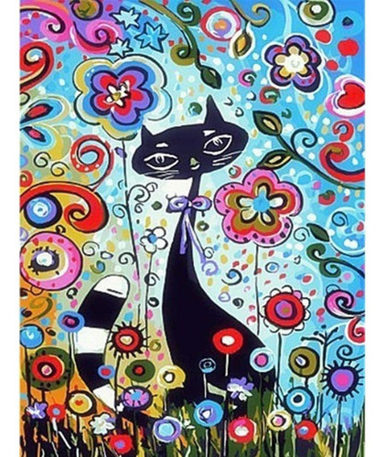 Pintura Con Diamantes 5d Bricolaje Gato Negro Colorido 30...