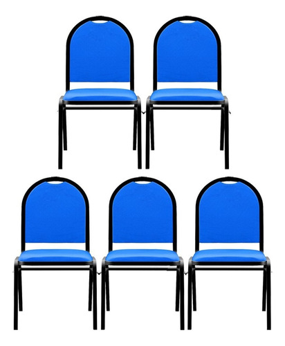 Kit 5 Cadeiras Hoteleira Auditório Empilhável Sintético Azul