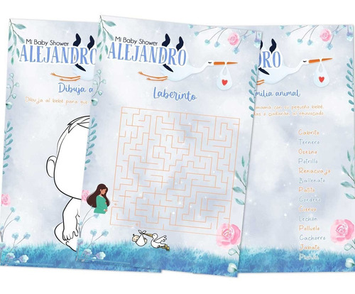 Juegos Baby Shower Niño Cigüeña Azul Imprimir Personalizados