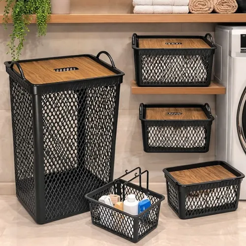 Kit 5 Peças Organizador Telado Tampa Tipo  Madeira - Preto Preto Telado