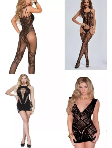 Pack 4  Bodystocking Malla Encaje Lenceria Sexy Mini Vestido