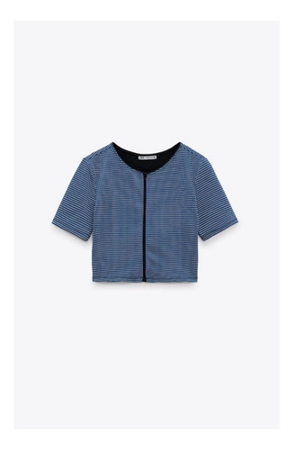 Zara Blusa Crop Top Manga Corta Cierre Jacquard Azul Talla M