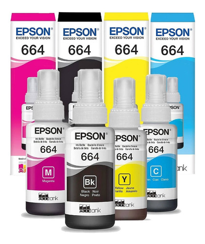 Tinta De Impressora Epson 664 Preto, Ciano, Amarelo, Magenta De 280 Ml 4 Unidades