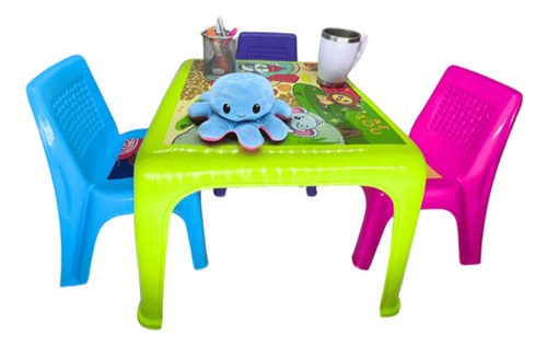 Mesa Infantil Y 4 Sillas De Colores Para Niños Dibujo Comer Color Rosa