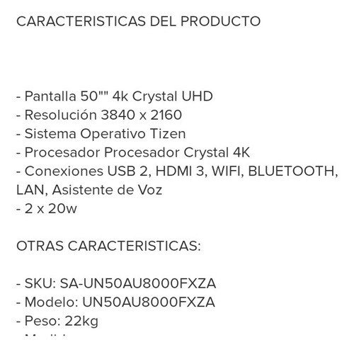 Imagen 2 de 2 de Televisor Samsung 50 Smart Tv 4k Crystal Uhd