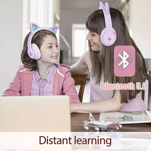 Audifonos Orejas De Gato Bluetooth 5.1 Led Diadema Ninos Color Violeta