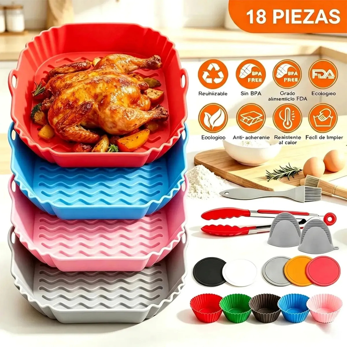 Set de 18 Accesorios para Freidora de Aire: Moldes Reutilizables de Silicona Antiadherente y Utensilios de Cocina para Hornear, Freír y Asar