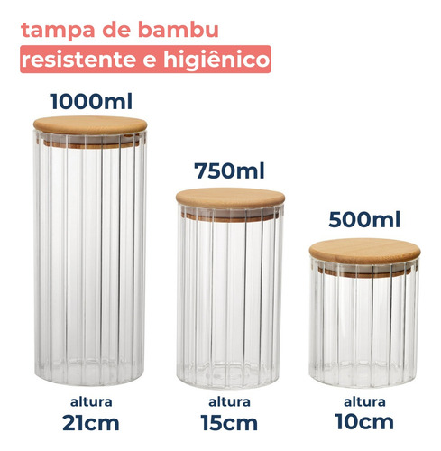 Kit Pote Vidro Mantimento Hermético Canelado Tampa Bambu
