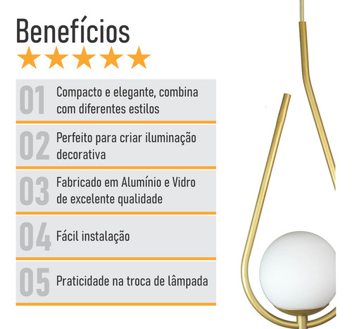 Lustre Pendente Trybo 4126-14-BR On Drop Dourado Com Globo De Vidro Branco