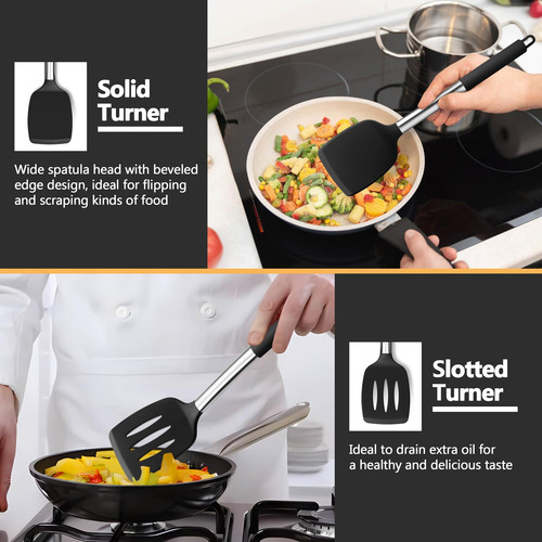 Juego De 4 Utensilios De Cocina De Silicona Negros Antiadher