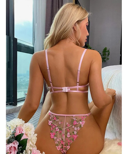 Conjunto De Lencería Sexy Con Aros Bordados Florales Push Up