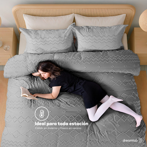 Juego de Funda Para Edredon Duvet con Textura Dreamlab, Tamaño Queen, Color Gris