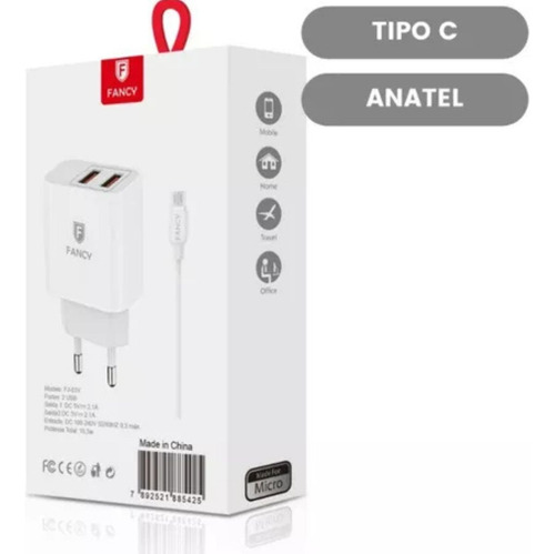 Carregador De Celular Duplo Usb + Cabo Tipo C Turbo Branco