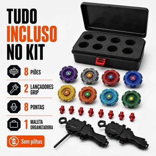 Kit 8 Piões De Batalha Beyblade Burst Com Maleta 2 Lançadores Grip