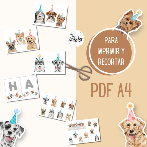 Kit Imprimible Banderines Toppers Perros Perritos Cumple