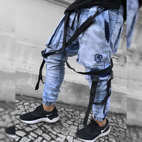 Calça Com Suspensorio Jogger Jeans Masculina Track Preta