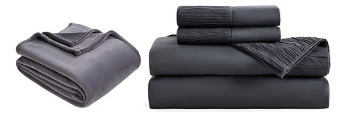 Set Frazada-sabana Para Cama Matrimonial Paquete 2 Productos Gris Oscuro Lisa