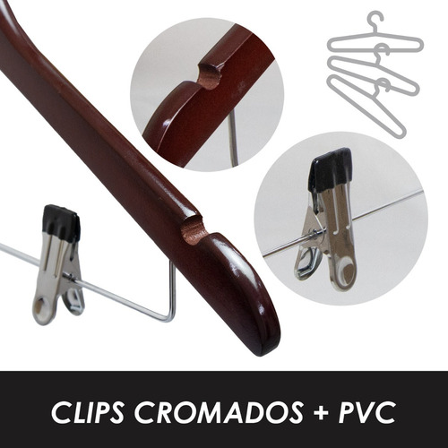 Pack 10 Ganchos De Madera Barra Clips De Pvc Cromado Cereza